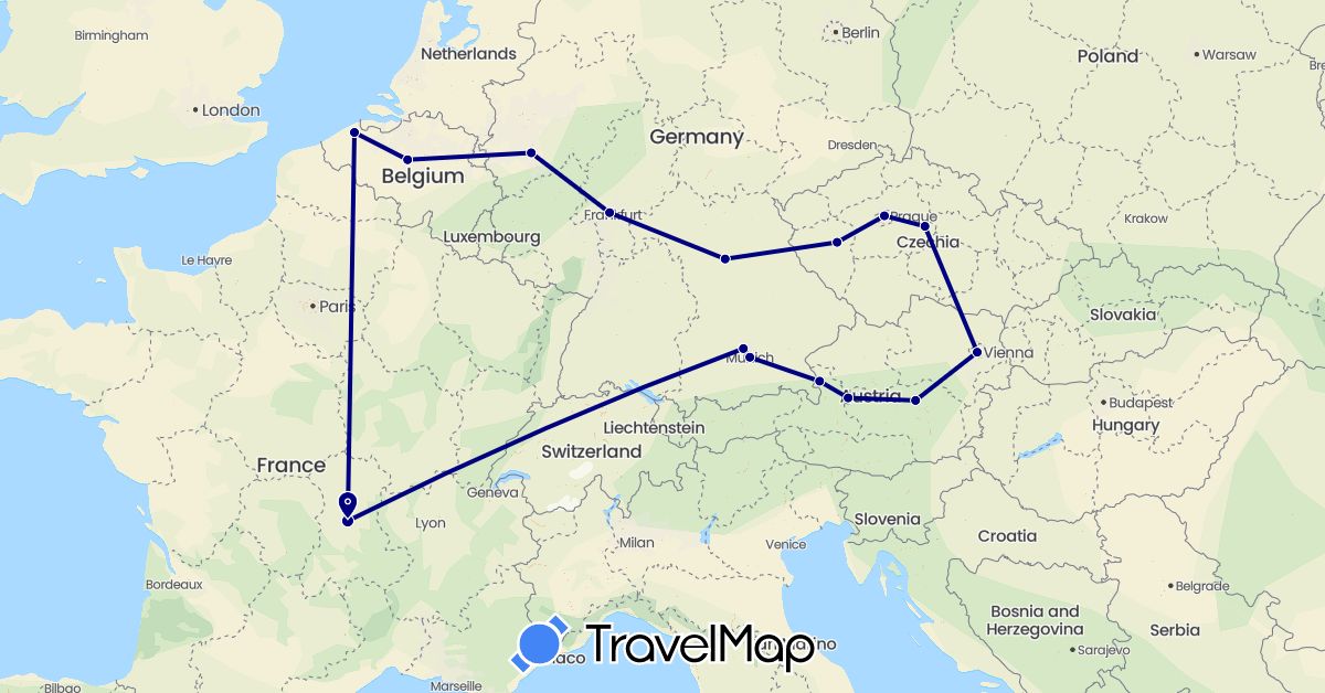 TravelMap itinerary: driving in Austria, Belgium, Czech Republic, Germany, France (Europe)